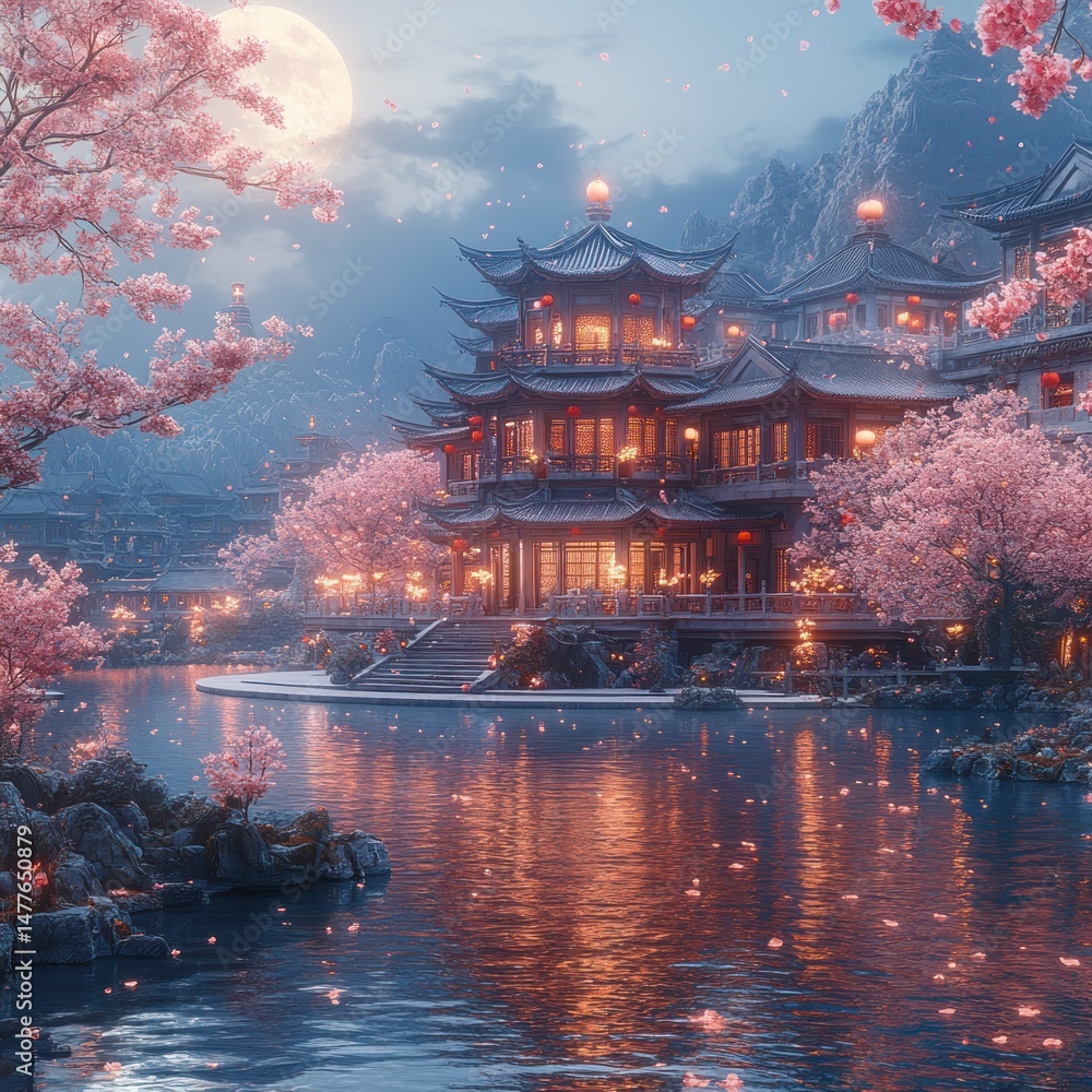 Obraz premium Peaceful asian temple reflected in a serene lake at night.