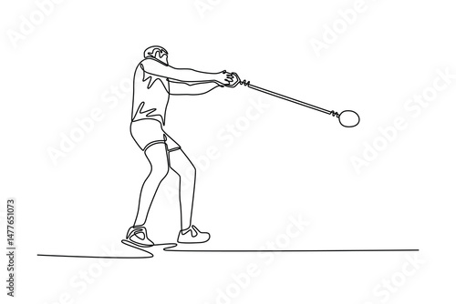 Single continuous line drawing strong male athlete performing hammer throw in outdoor stadium. Focused precision, release discus, demonstrating skill. One line draw graphic design vector illustration
