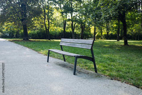 Simple wooden and metal bench placed next to a paved pathway in a peaceful city park. Surrounded by green grass and trees with morning sunlight filtering through the leaves. Calm outdoor scene