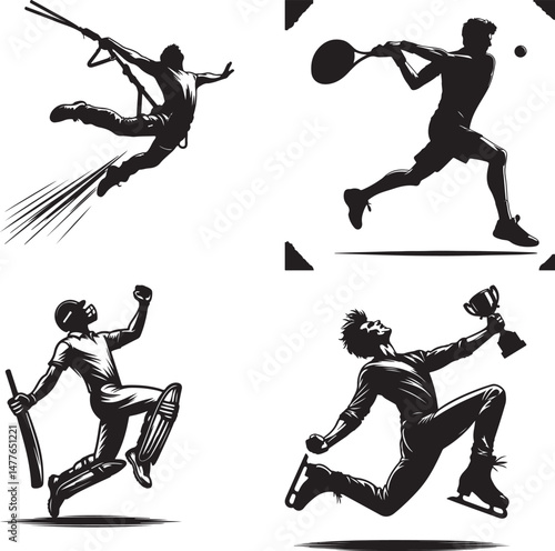 A compilation of black and white silhouettes depicting various sports activities done well