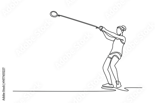 Single continuous line drawing attractive female athlete performing hammer throw in outdoor stadium. Powerful rotational technique, precise footwork. One line draw graphic design vector illustration