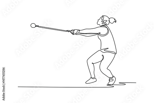 Single continuous line drawing female athlete performing a hammer throw in stadium. Sportswoman training in action, motion, balance, and athleticism. One line draw graphic design vector illustration