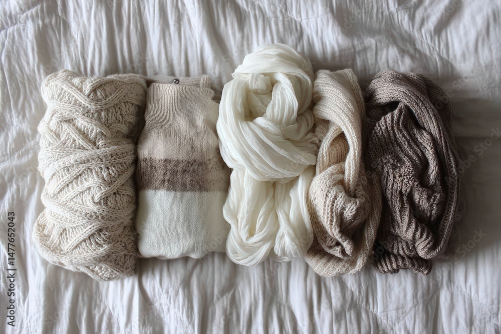 Obraz premium Cozy, neutral-colored knit sweaters and scarves are neatly arranged on a soft, white bedspread.