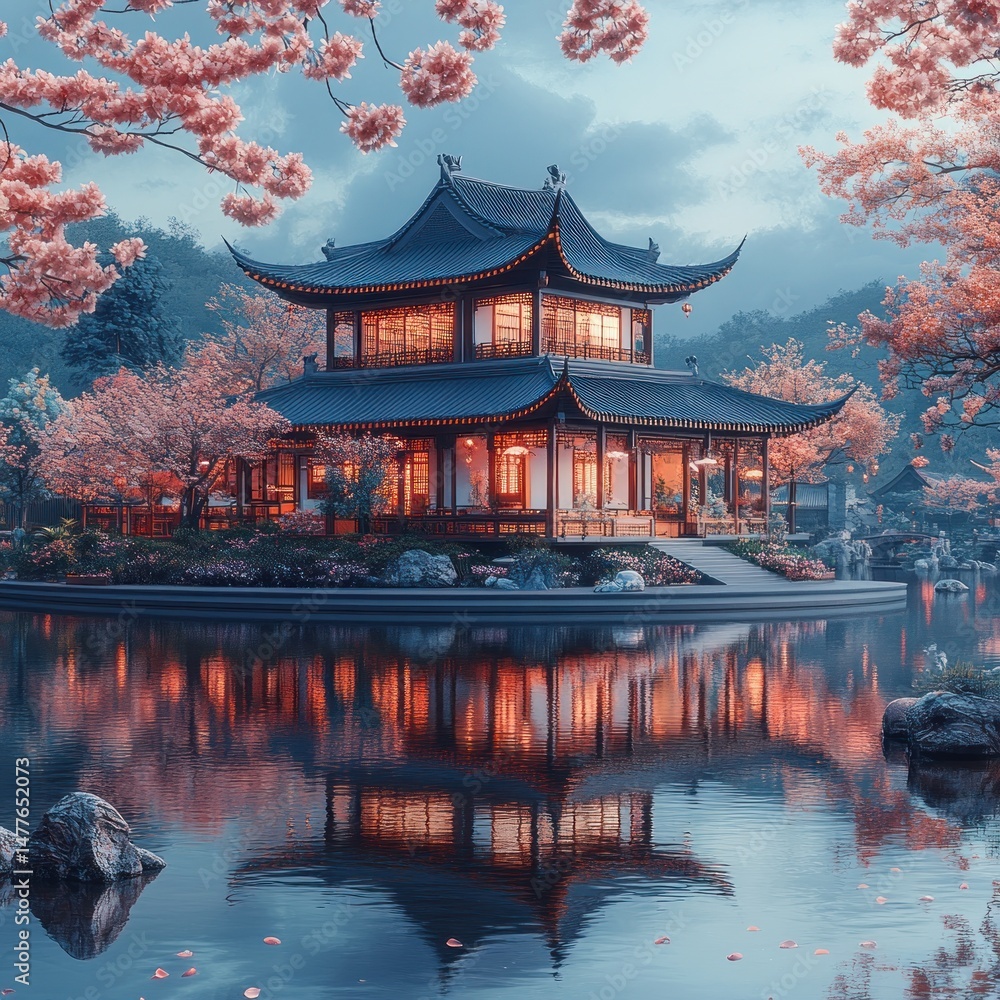Obraz premium Serene, illuminated pagoda reflecting in tranquil waters.