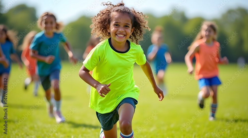 Fototapeta premium A joyful Black girl runs towards the camera during a sunny soccer practice, surrounded by her teammates in colorful jerseys.