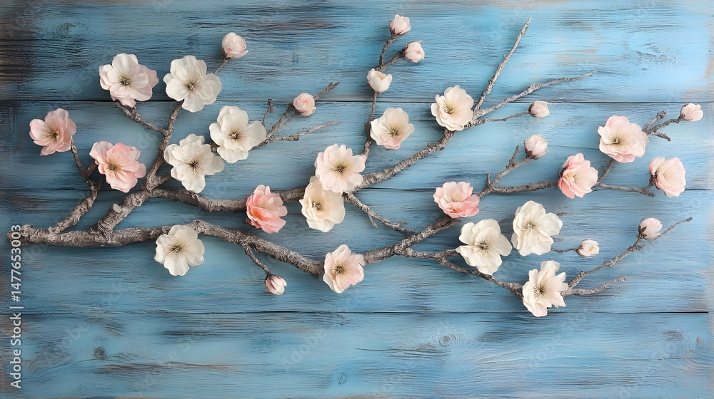 Fototapeta premium Delicate cherry blossom sprigs on a painted wooden backdrop.