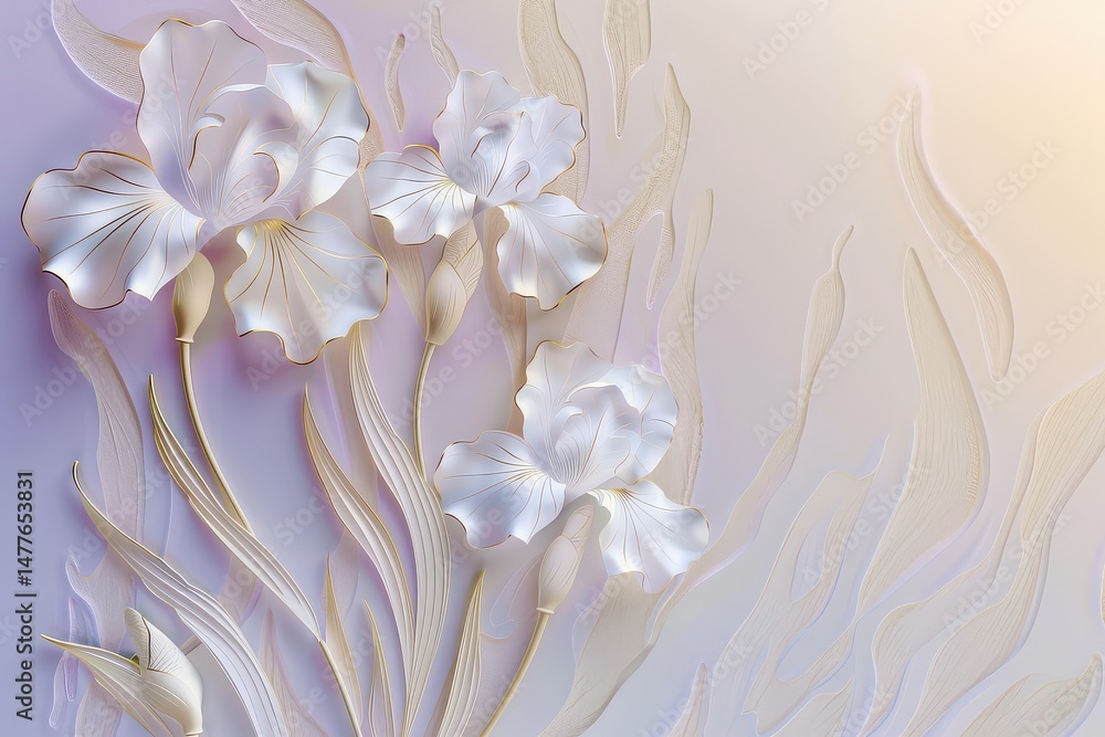 Fototapeta premium Golden iris branches on elegant pastel background. Wedding invitations, greeting cards, wallpaper, background, printing 