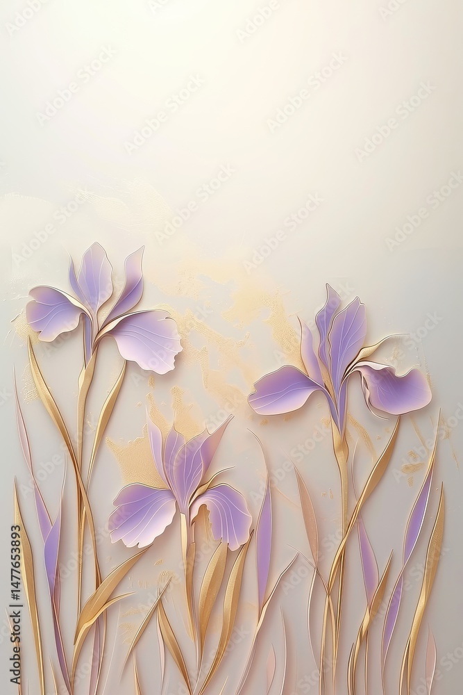 Obraz premium Golden iris branches on elegant pastel background. Wedding invitations, greeting cards, wallpaper, background, printing 