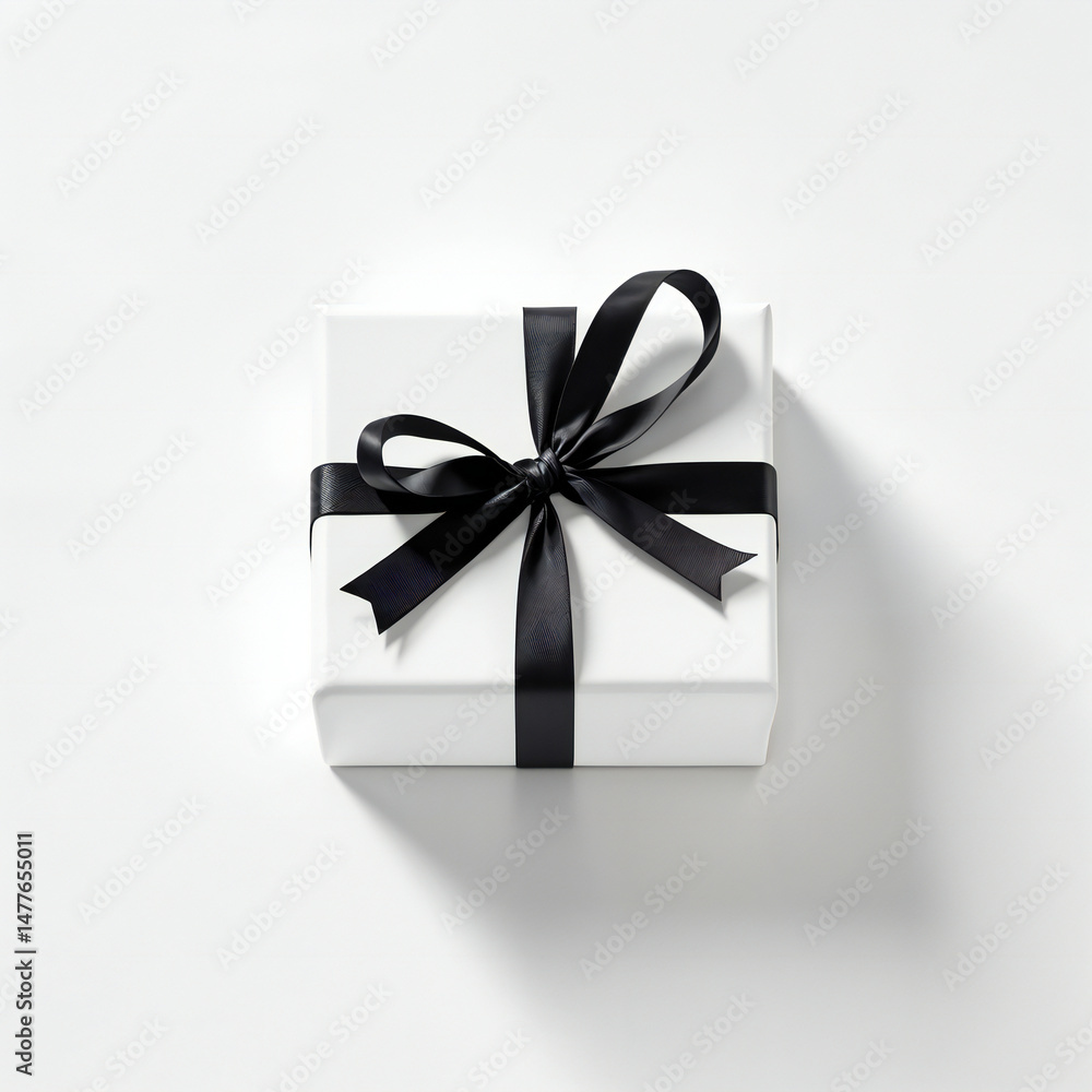 A classic white gift box with a black ribbon tied in a perfect bow, casting a soft shadow on the neutral background, evokes a sense of anticipation and joy. A classic white gift box with a black ribbon tied in a perfect bow, casting a soft shadow on the neutral background, evokes a sense of anticipation and joy.