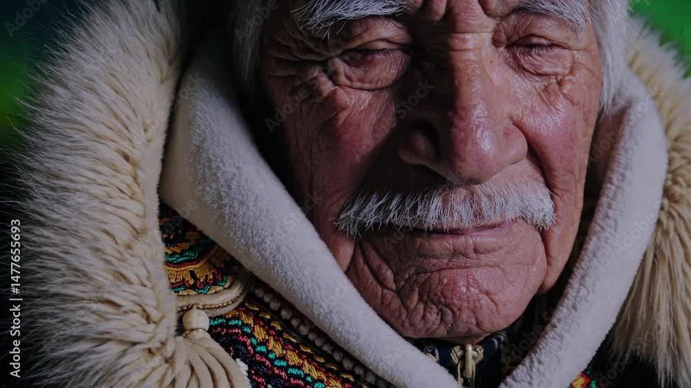 Elderly Inuit man with gray hair, wise expression, and a prominent ...