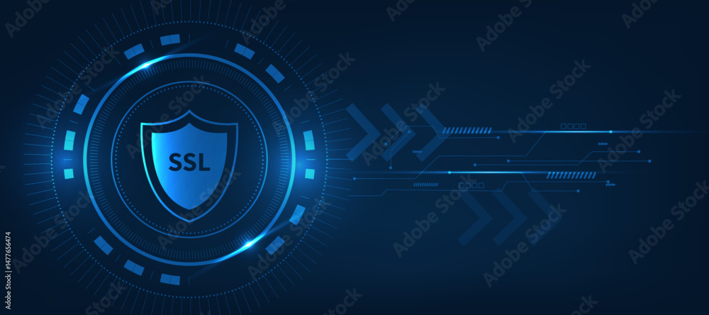 Fototapeta premium SSL concept and Security Icons Encrypted Internet Communication and Data, blue futuristic abstract background