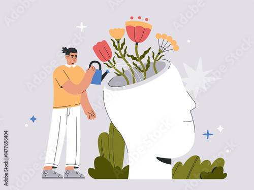 Man Watering Flowers in Human Head. Mental Health Care Vector Illustration, Symbolizing Mindfulness, Personal Growth, Positive Thinking, Emotional Wellbeing, Self-Development, Flat isolated background