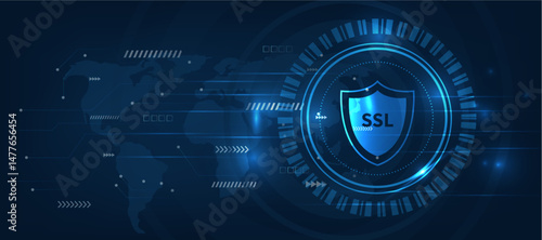 SSL concept and Security Icons  Encrypted Internet Communication and Data, blue futuristic abstract background