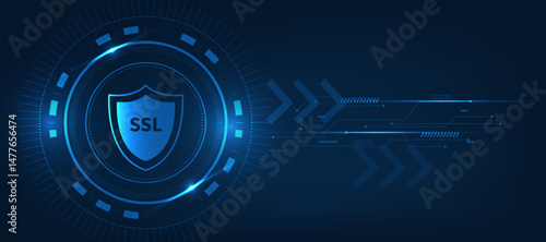 SSL concept and Security Icons  Encrypted Internet Communication and Data, blue futuristic abstract background