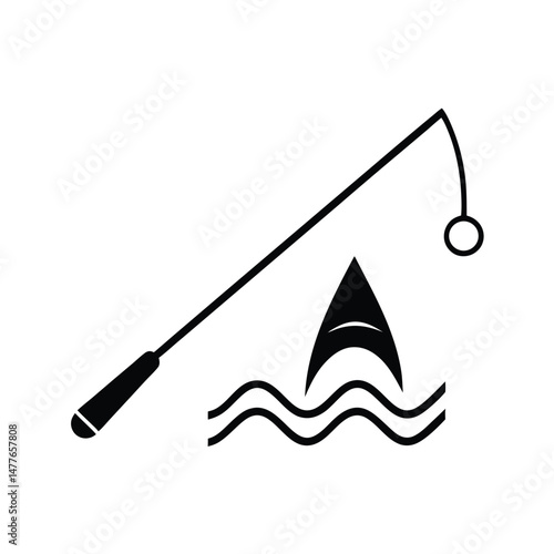 Simple black and white fishing icon representing angling recreation and recreational pursuits in silhouette style