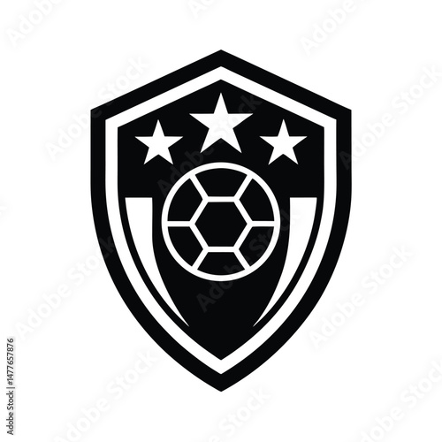 Black and white soccer emblem featuring a soccer ball and stars inside a shield suitable for sports branding.
