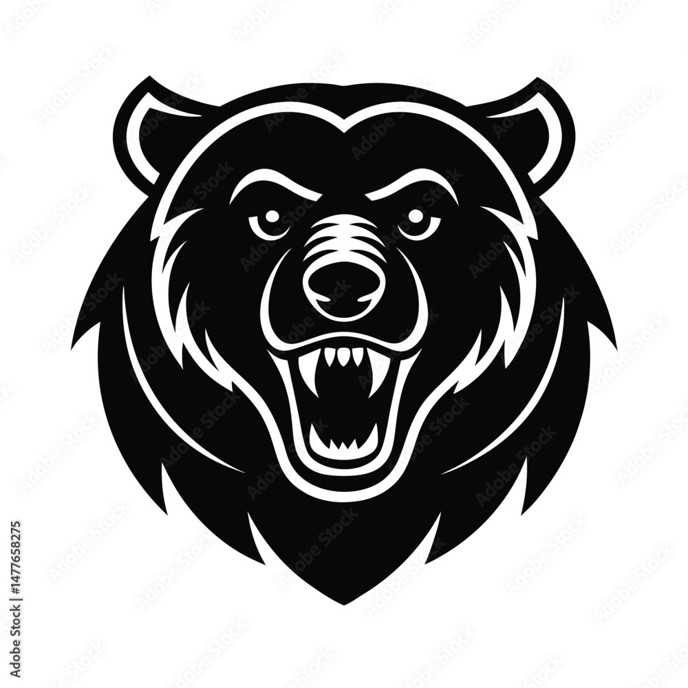 Fierce black and white illustration of a bear head with open mouth and sharp teeth in a vector graphic Fierce black and white illustration of a bear head with open mouth and sharp teeth in a vector graphic
