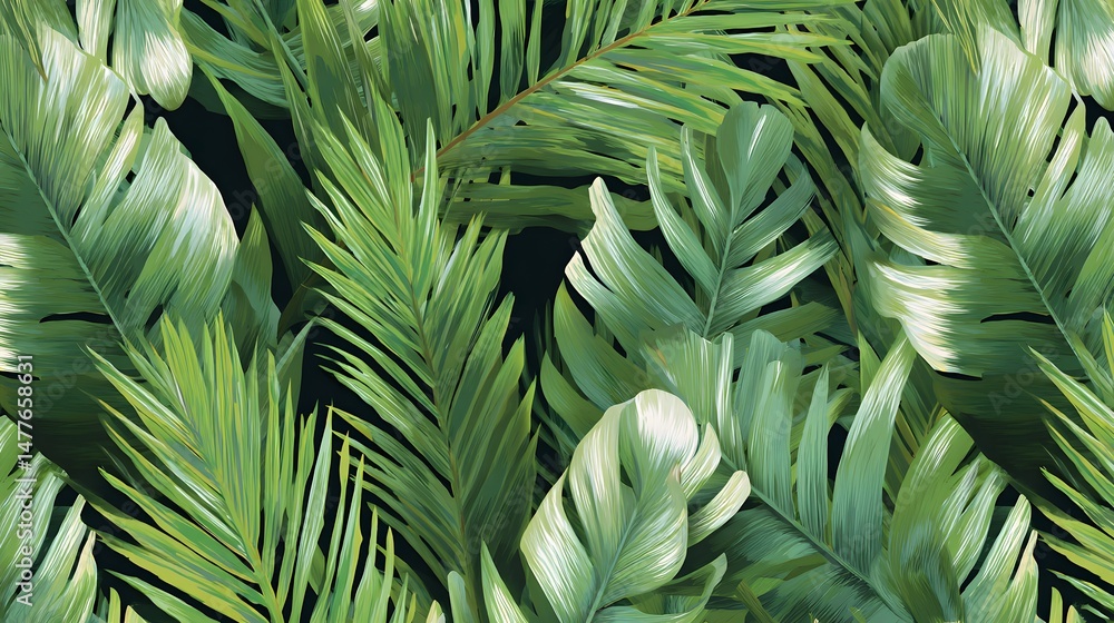 Obraz premium Lush green tropical foliage pattern with banana and palm leaves creates a refreshing vibrant botanical motif.