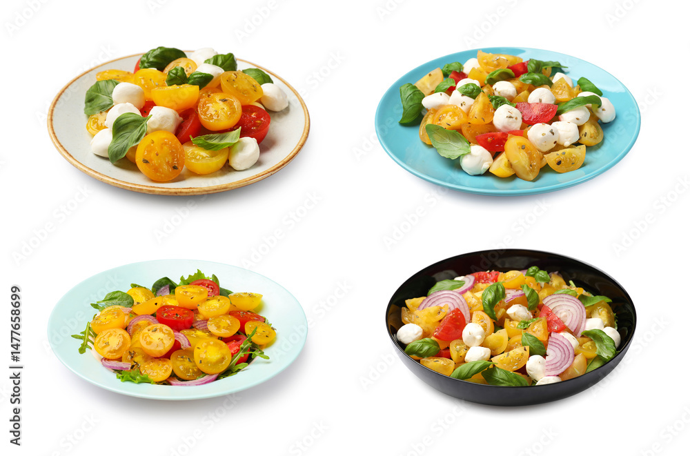 Tasty fresh salads with yellow and red tomatoes on white background, set Tasty fresh salads with yellow and red tomatoes on white background, set