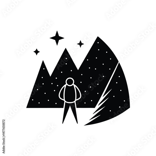 Silhouette illustration of a person admiring the night sky with mountains and starry background in a simplistic art style