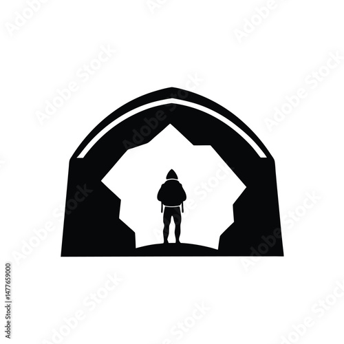 Silhouette of a lone explorer facing an arched cavern adventure concept illustration in black and white design