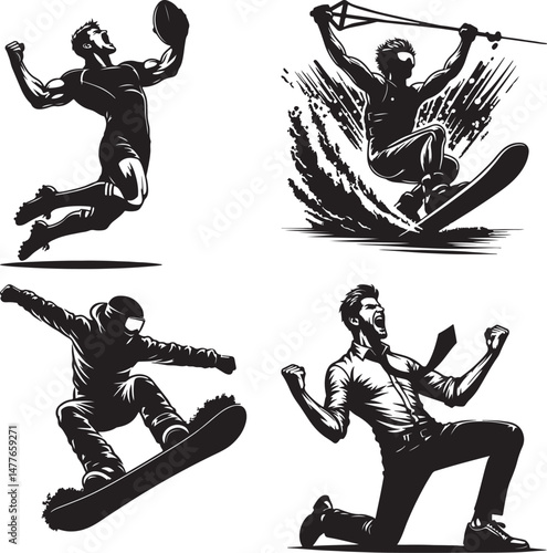 A collection of black and white vector images depicting various sports and success