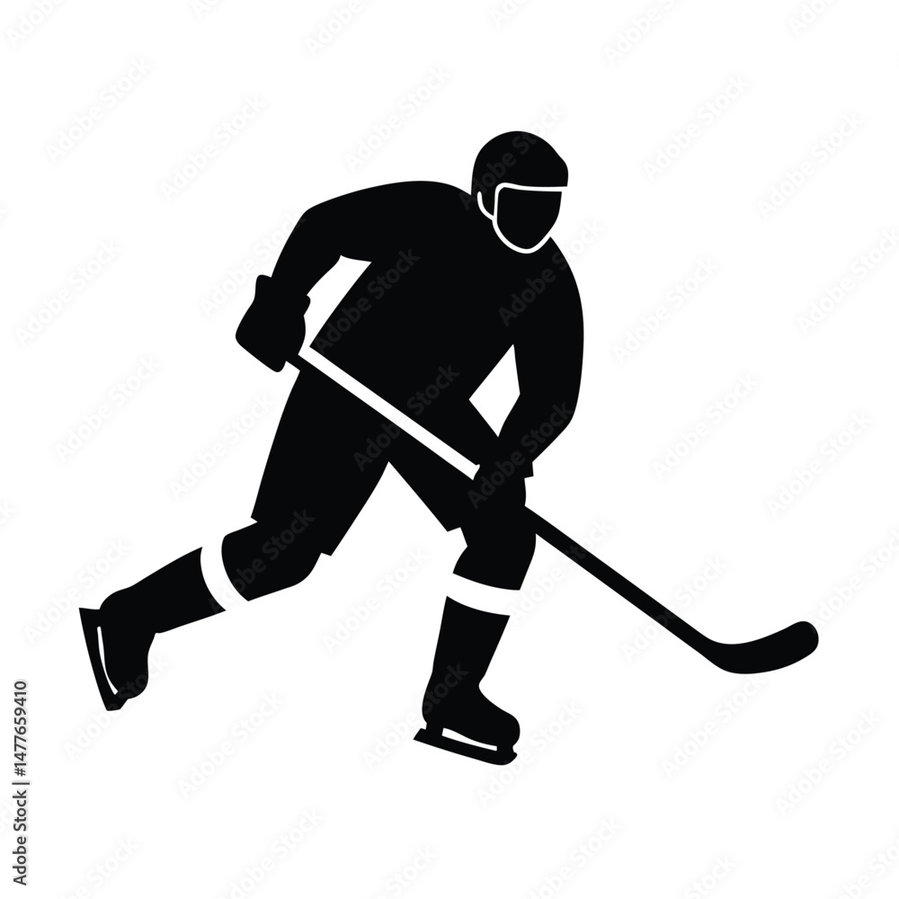 Fototapeta premium Silhouette illustration of an ice hockey player skating with the hockey stick in an action pose against a white background