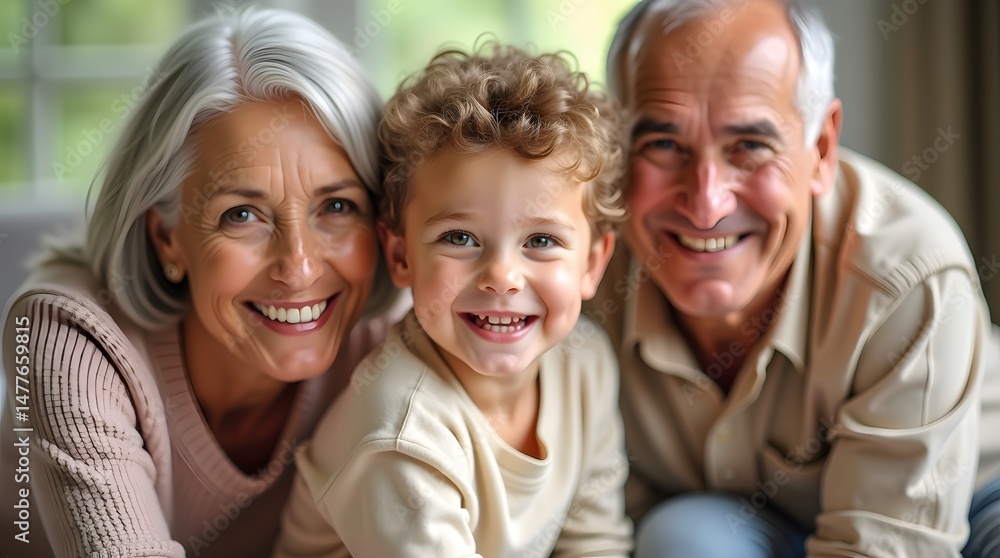 Smiling Caucasian grandparents with their curly-haired grandson, enjoying a joyful moment together indoors. Smiling Caucasian grandparents with their curly-haired grandson, enjoying a joyful moment together indoors.