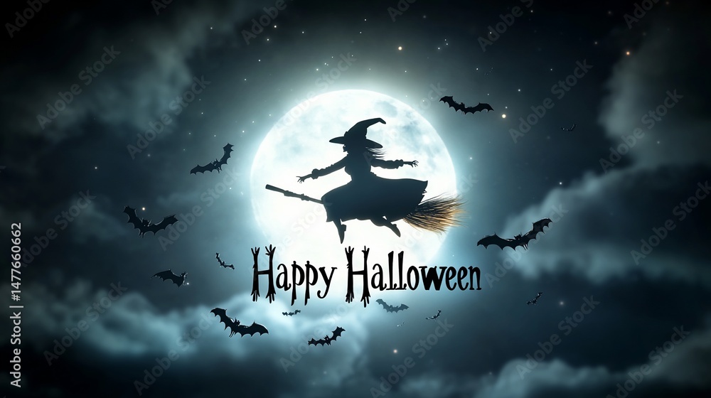 Halloween witch flying on a broom, happy holiday Halloween witch flying on a broom, happy holiday