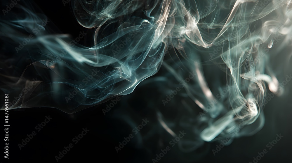 Obraz premium Delicate wisps of light blue and white smoke gracefully curl and dance against a stark black background.