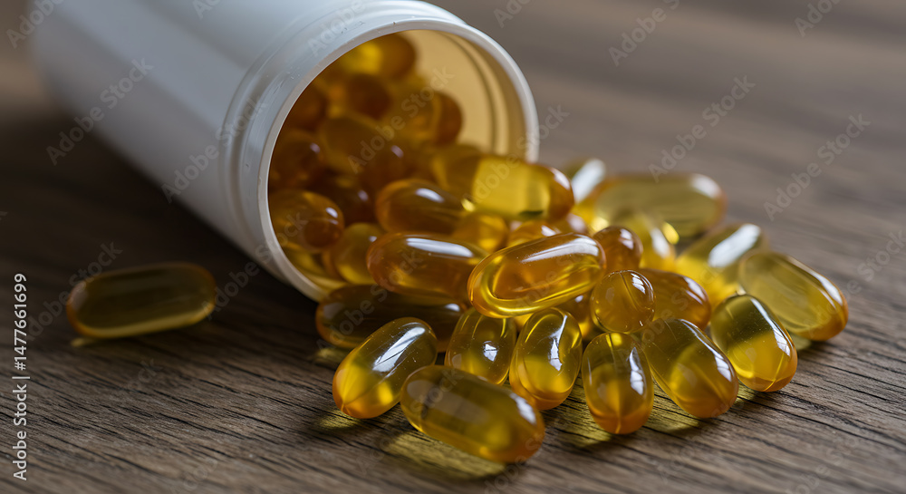 Yellow Gel Capsules Spilling from Bottle, Close-up Image for Health, Wellness, and Medical Content Yellow Gel Capsules Spilling from Bottle, Close-up Image for Health, Wellness, and Medical Content