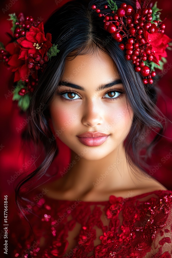 A stunning portrait of a woman adorned with red floral accents in her hair against a vibrant red background, This image is ideal for holiday promotions, makeup advertisements, or artistic projects, A stunning portrait of a woman adorned with red floral accents in her hair against a vibrant red background, This image is ideal for holiday promotions, makeup advertisements, or artistic projects,