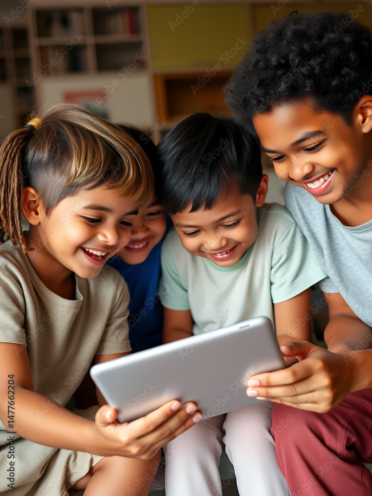 Obraz premium Happy diverse group of young boys and girls looking at a digital tablet together