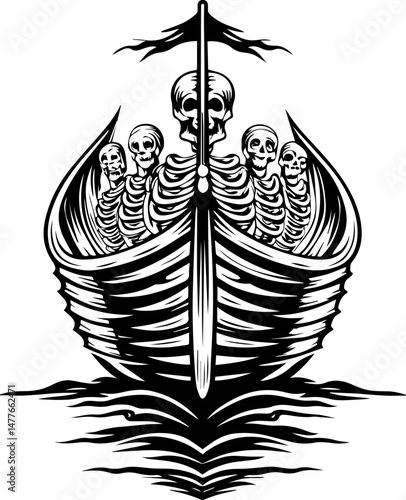 SVG vector of a skull symbolizing naval war. Skeleton Crew in a Mysterious Boat on Dark Waves