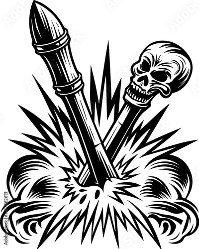 SVG vector of a skull symbolizing naval war. Skull and Missile Explosion Graphic Design with Dynamic Elements