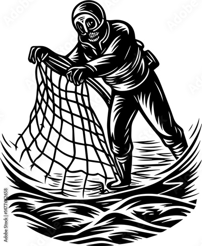 SVG vector of a skull symbolizing naval war. Vintage Diver with Fishing Net in Abstract Monochrome Style