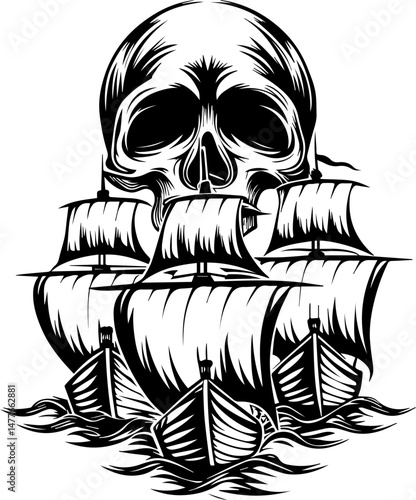 SVG vector of a skull symbolizing naval war. Skull Illustration with Pirate Ships in a Bold Black and White Style