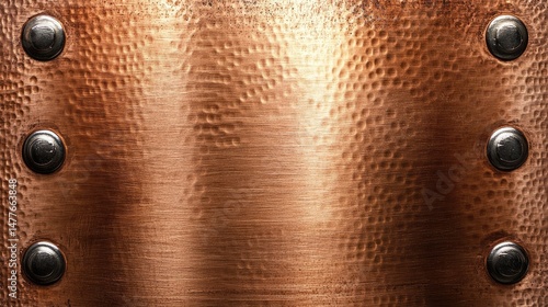 Hammered copper texture, rivets, dark background, design element