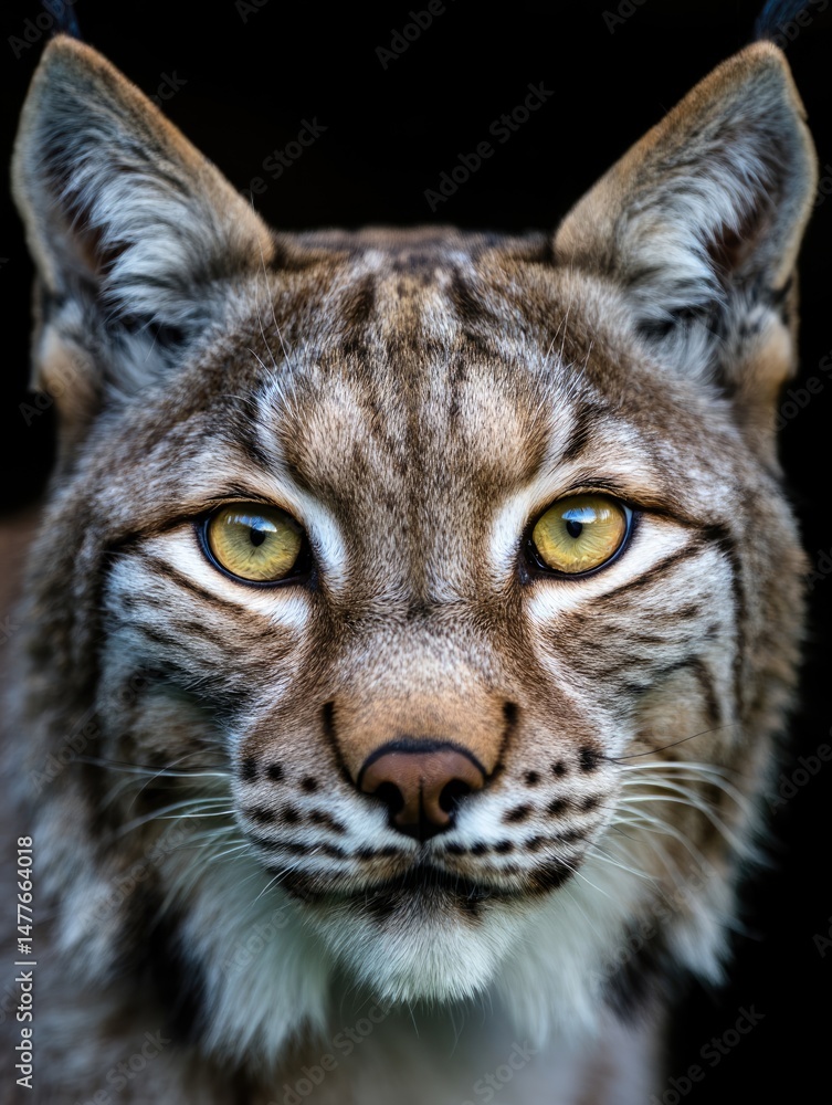 Fototapeta premium Majestic lynx portrait showcasing striking yellow eyes against a dark background