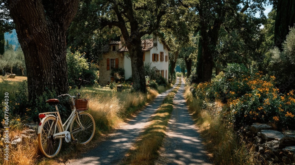 Fototapeta premium Country lane with bicycle and farmhouse