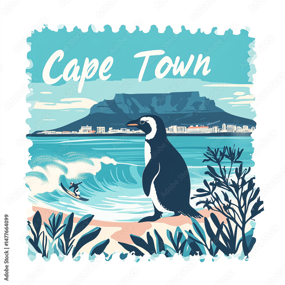 Fototapeta premium Postage stamp of african penguin watching surfer riding wave in cape town, south africa