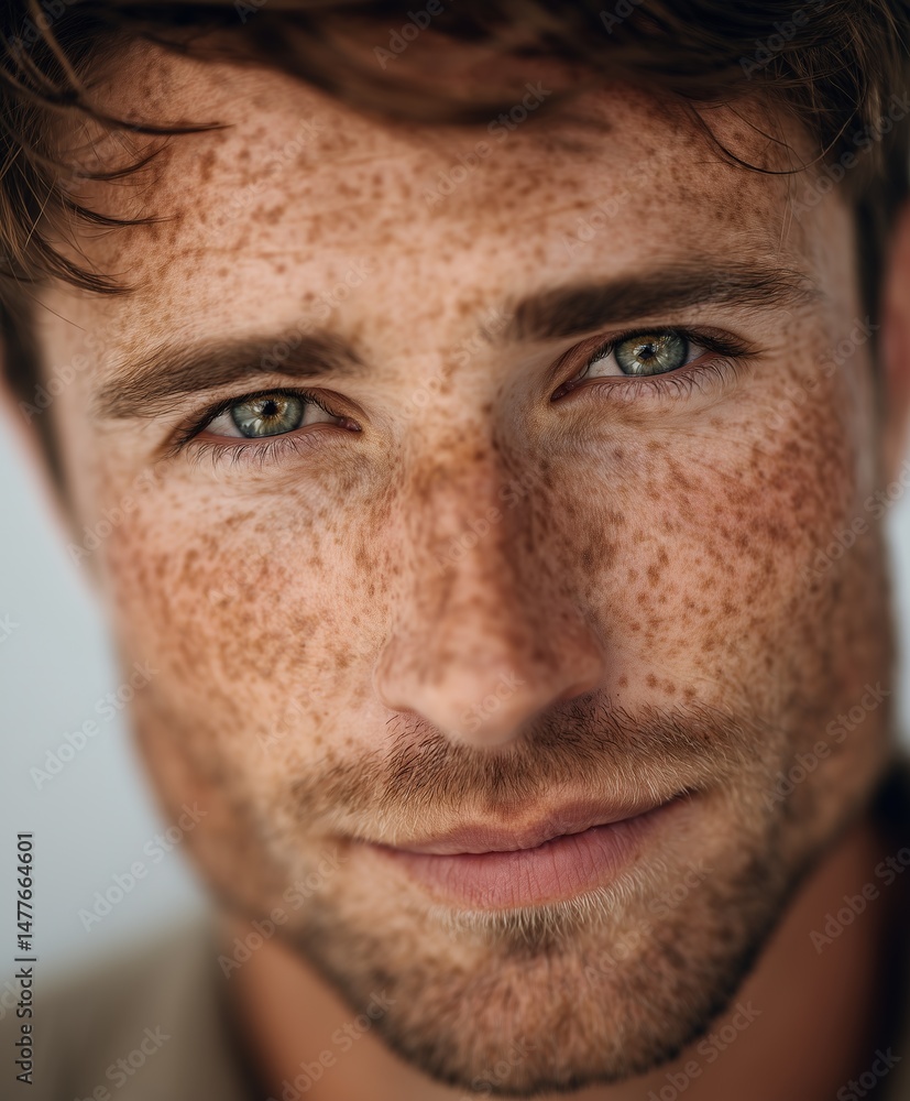 Obraz premium Close-up of a man with short brown hair, light stubble, green eyes, and freckles, set against a plain light background 