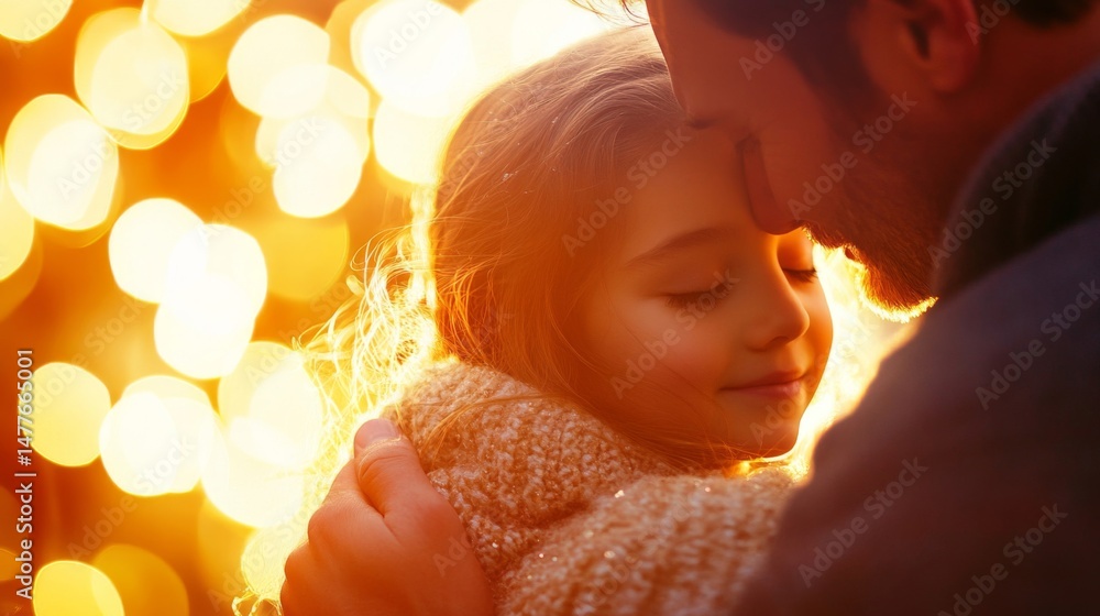 Fototapeta premium Tender Father Daughter Moment in Golden Holiday Lights