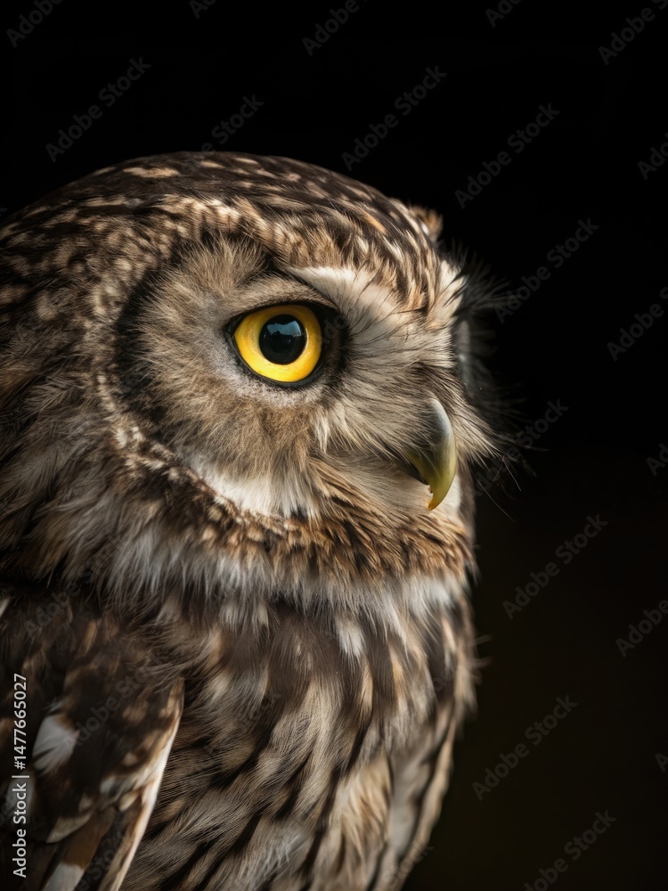 Fototapeta premium Captivating owl with bright eyes surrounded by soft feathers in low light setting