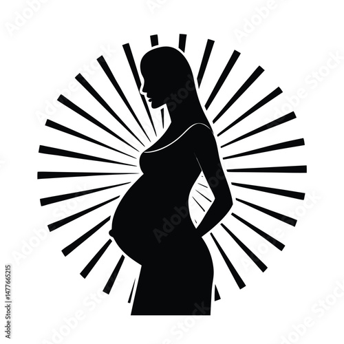 Silhouette of a pregnant woman with a sunburst background representing motherhood and expectation