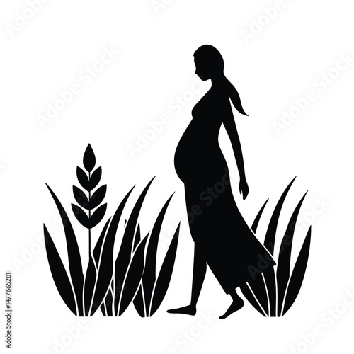 Elegant silhouette of a pregnant woman walking through wheat field in black and white illustration
