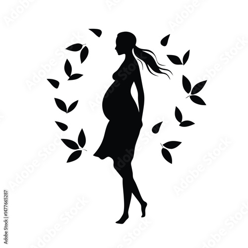 Elegant black silhouette of a pregnant woman surrounded by decorative leaves on a white background