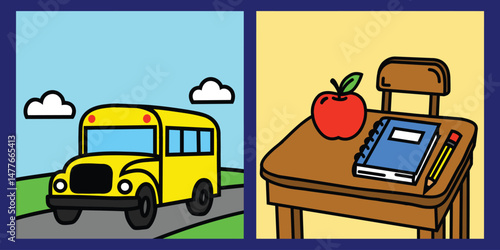 back to school vector school bus note book pencil apple pen education student chair table classroom
