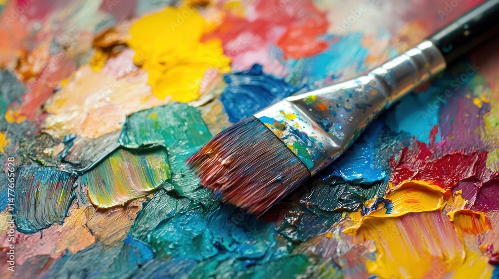 Fototapeta premium A paintbrush with various colors of paint on it, resting on a palette with a mix of colors.
