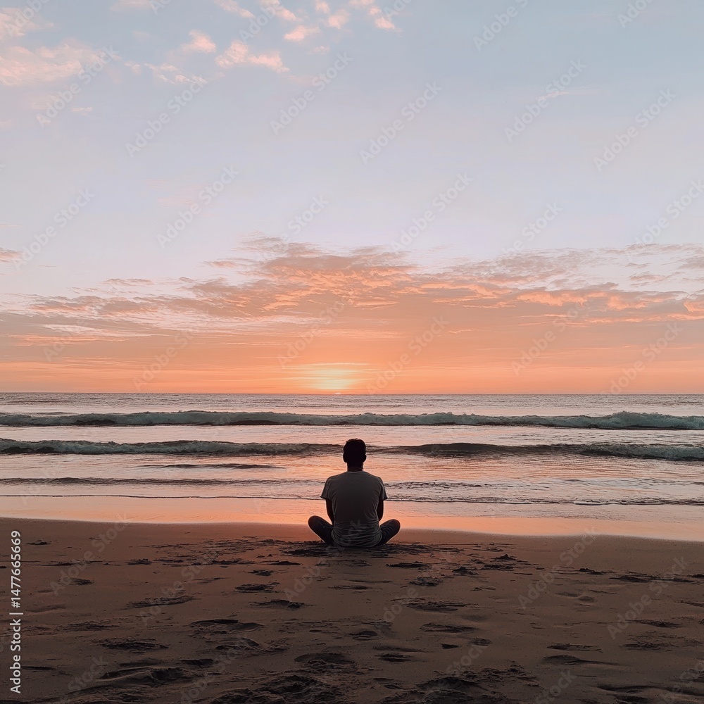 Fototapeta premium Man sitting on beach at sunset while meditating by the ocean 